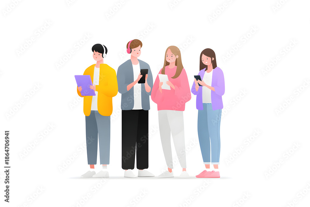 Obraz premium Modern Connection: A group of individuals is engrossed in the latest technology, smartphones and tablets. capturing the essence of the digital age.