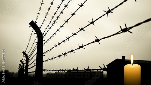 A lone lit candle stands before a silhouette of barbed wire fence at dusk symbolizing hope and remembrance with symbolic and emotional with memorial