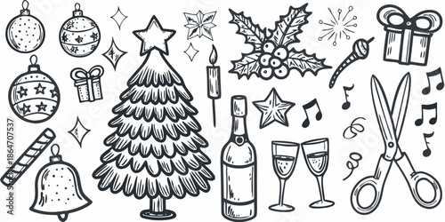 Festive christmas doodles ornaments tree champagne and various celebration elements