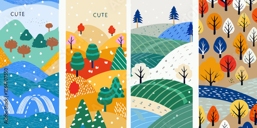 Four seasonal landscape banners featuring trees hills and colorful foliage
