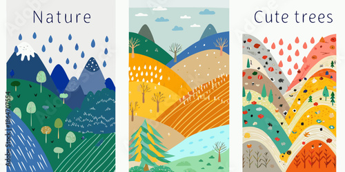 Colorful illustrated nature scenes depicting mountains hills and stylized trees