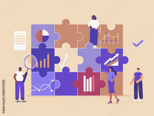 Business solution concept with people connecting puzzle pieces and data analysis