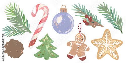 Festive christmas decorations including candy canes ornaments and gingerbread cookies