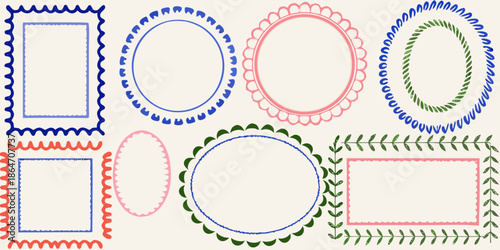 An arrangement of various colorful hand drawn style postage stamp frames