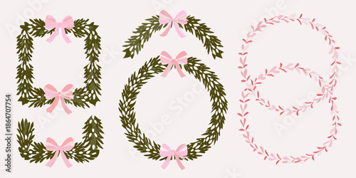 Festive watercolor wreaths and garlands with pink bows holiday season illustrations