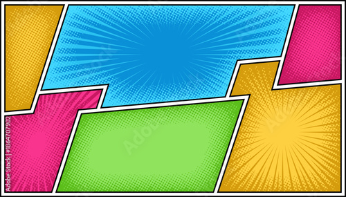 Colorfull comic cartoon panel background template with rays and halftone effect