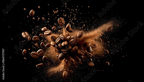 Roasted Coffee Beans Explosion on Black Background