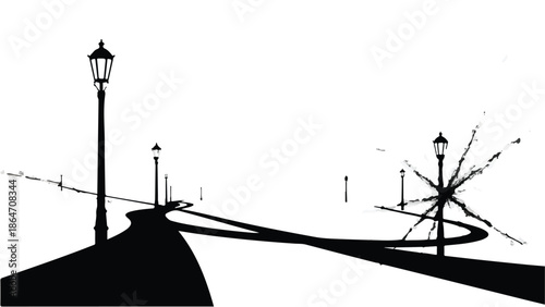 A solitary path winds through a stark, graphic landscape with vintage lampposts casting long shadows.