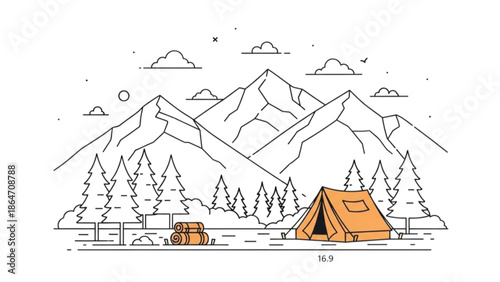 A serene winter camping scene with a tent and truck in the mountains surrounded by trees and snow