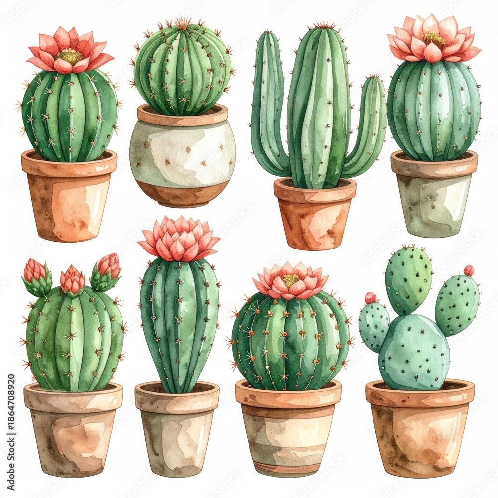 Fototapeta premium Watercolor illustration of various potted cacti with blooms