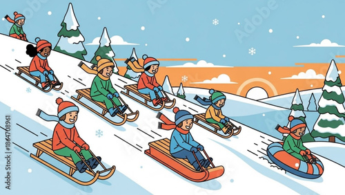 Diverse group of children sledding down a snowy hill enjoying winter outdoor activity illustration for holiday and seasonal concepts