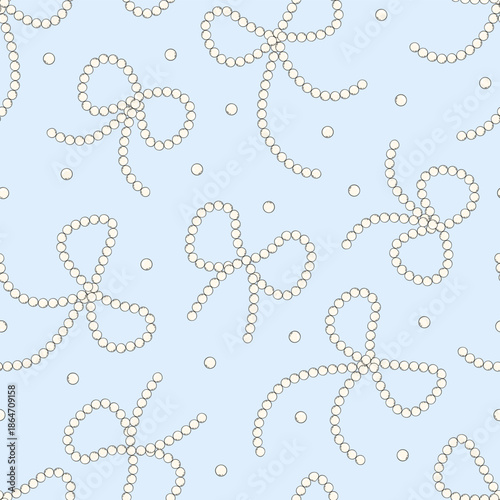 Seamless Pearl Bow Pattern in Pastel Blue Coquette Style for Feminine Backgrounds, Textiles, Wedding Invitations and Luxury Packaging
