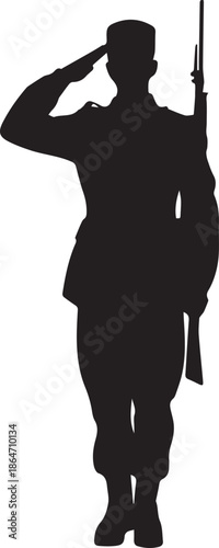 Create silhouette of a soldier man salute with gun on white Background