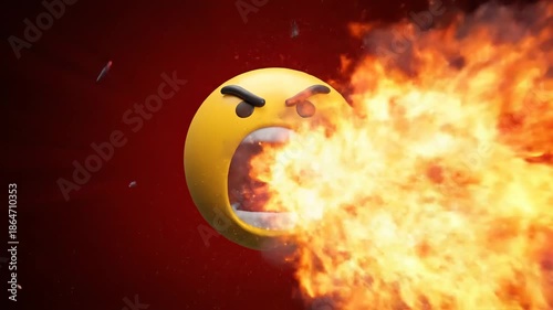 Animated emoji rage explodes into fiery flames on red background