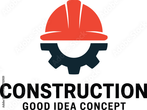 A bold logo features a red construction hard hat above a dark gear representing industrial building ideas