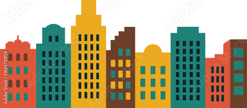 A charming city skyline features diverse buildings with various heights and colorful windows against a white backdrop