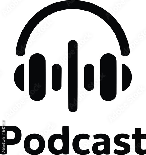 A simple black and white icon featuring headphones and sound bars representing a podcast broadcast