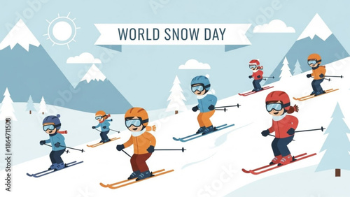 Children skiing down a snowy mountain slope on World Snow Day a fun winter sport illustration for seasonal promotions and active lifestyle concepts