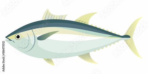 A detailed illustration of a bluefin tuna swimming in a light blue environment