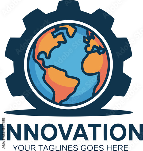 A vibrant world globe with blue oceans and orange landmasses is centered within a strong gear mechanism