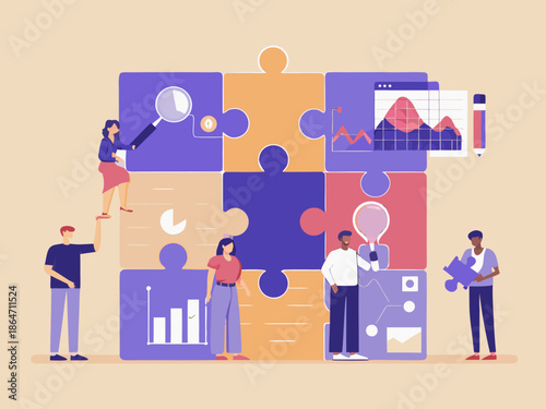 Teamwork and problem solving illustrated with puzzle pieces and digital elements