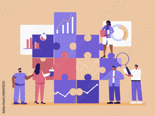 Business solution concept with people assembling puzzle pieces and data analysis