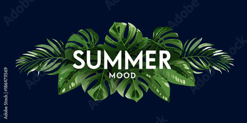 Tropical leaves and the word summer create a vibrant warm mood