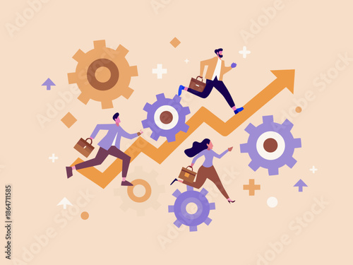 Business people running up an arrow made of gears symbolizing growth