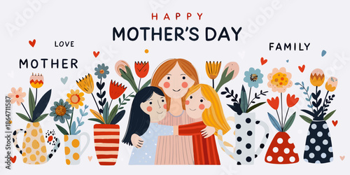 A heartwarming mother s day illustration with flowers a mother and daughter