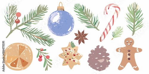 Festive christmas decorations including ornaments cookies and pine branches
