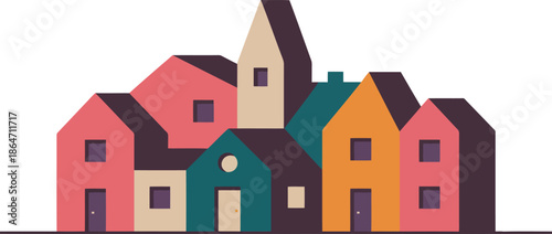 Colorful stylized houses with simple geometric shapes create a charming residential neighborhood illustration