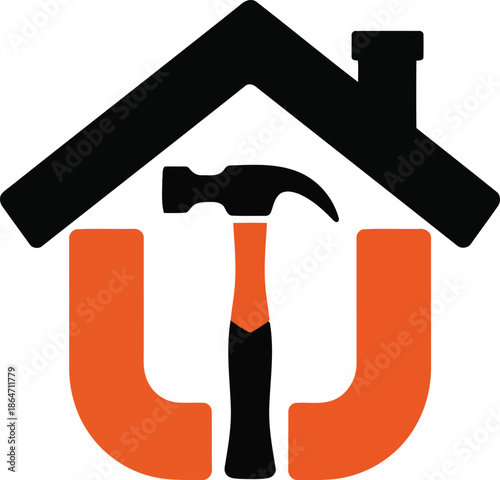 Minimalist logo design featuring a black house outline with an orange hammer integrated into its structure