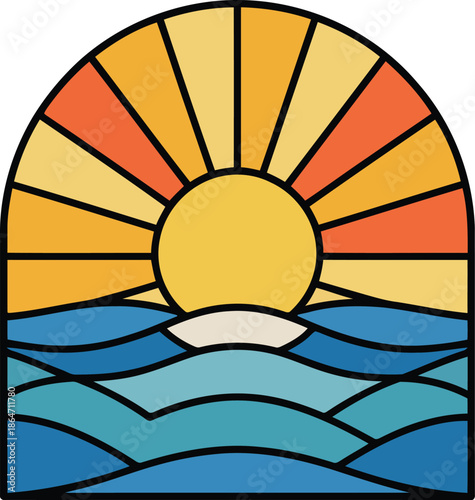 Gentle stained glass style sunrise or sunset over the horizon with rolling ocean waves and sunburst