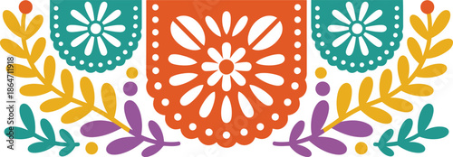 This colorful Papel Picado banner features traditional Mexican folk art floral patterns and festive decorations