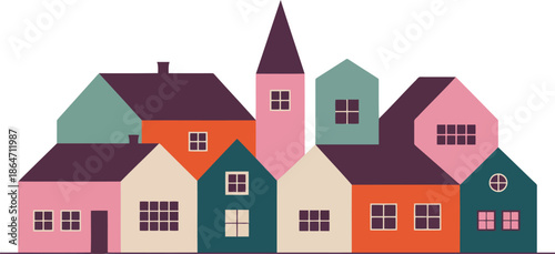 Vibrant cluster of stylized houses with diverse shapes and colors representing a cozy community