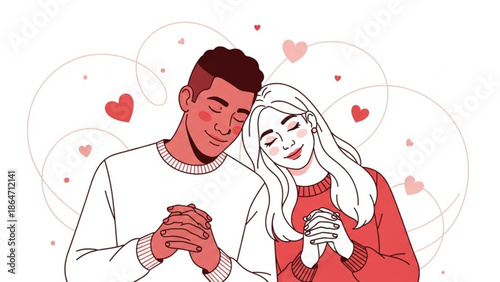 A loving couple embracing each other with hearts in the background