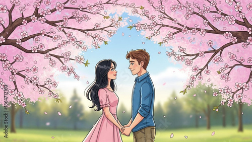 A romantic couple holding hands under blooming cherry blossom trees in a serene park