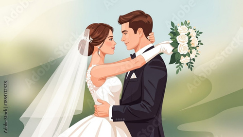 A romantic wedding illustration of a couple embracing in a beautiful outdoor setting