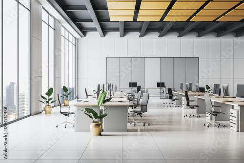 Modern open-space office interior with city view, minimalist furniture, high ceiling, and natural lighting concept for corporate workspace. 3D Rendering