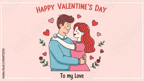A vector graphic illustration of a loving couple celebrating Valentine's Day with hearts and flowers