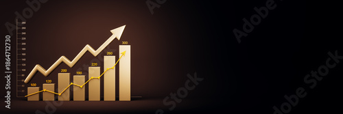 Obraz na plátně Golden bar chart with upward arrow and growth indicators on dark background, representing investment success and financial market analysis