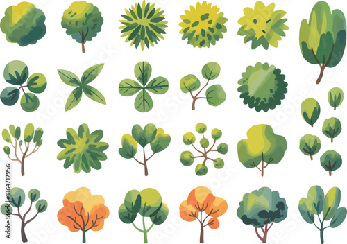 Top view tree and bush set, green foliage collection, landscape design elements, flat nature illustration, gardening assets pack