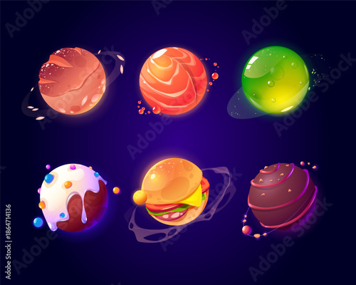 Space with food planets, burger and candy texture