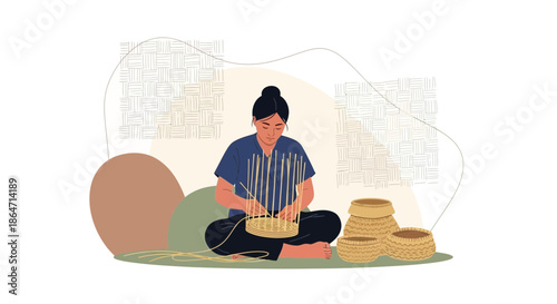 Artisan woman weaving basket, traditional craft, handmade home decor, cultural skill illustration