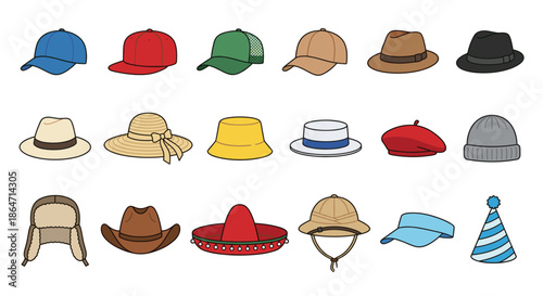 A collection of various colorful hats, caps, and headwear displayed in a row.