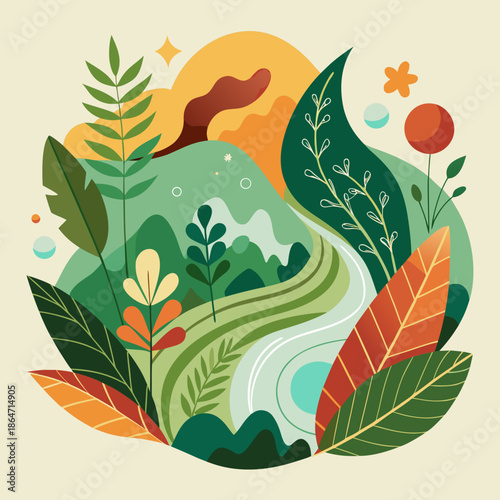 Nature-inspired vector illustration of organic shapes and flowing leaves, calming muted tones, eco-friendly theme.