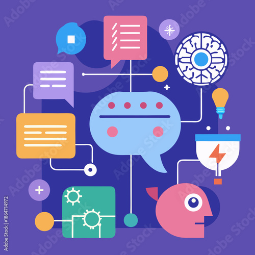 set of infographic elements,Minimalist vector icon set of AI technology elements like neural networks and chat bubbles, modern flat design.