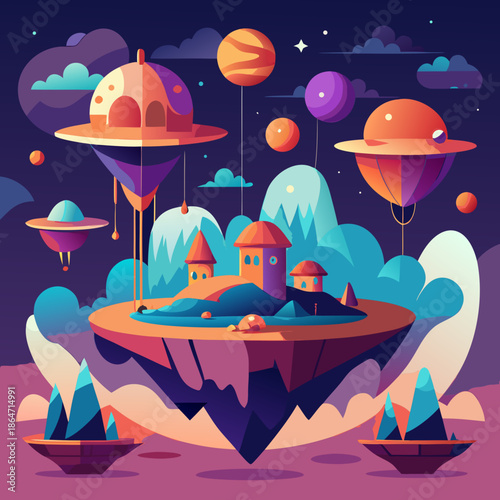 ufo in space,Flat vector illustration of a surreal dreamscape with floating islands and abstract shapes, vibrant colors, minimalist style.