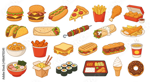 Illustration of various fast food items including burgers, pizza, tacos, sushi, noodles, and desserts.