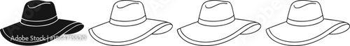 Minimalist Vector Illustration Set of Wide-Brimmed Sun Hats in Black Silhouette and Line Art Styles for Summer Fashion, Vacation, and Boutique Branding